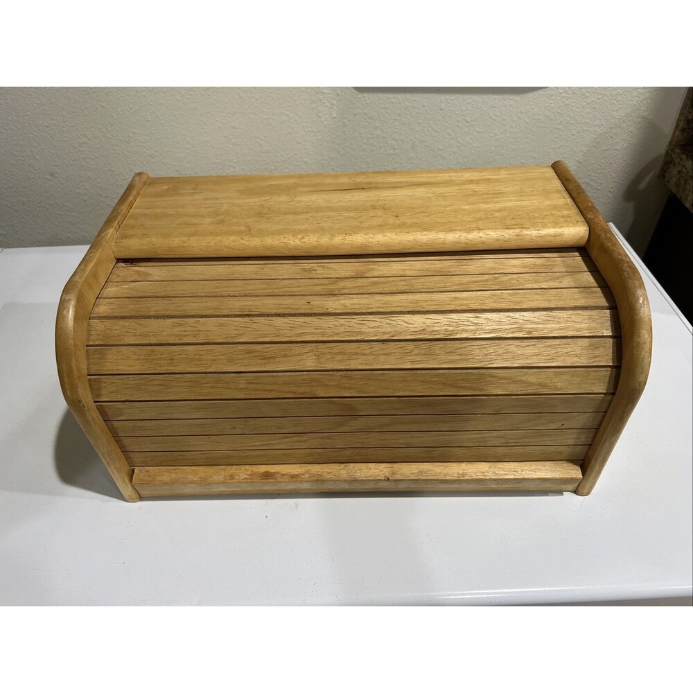 Vintage Roll Top BREAD BOX Storage Kamenstein Rustic Farmhouse Wooden Granny